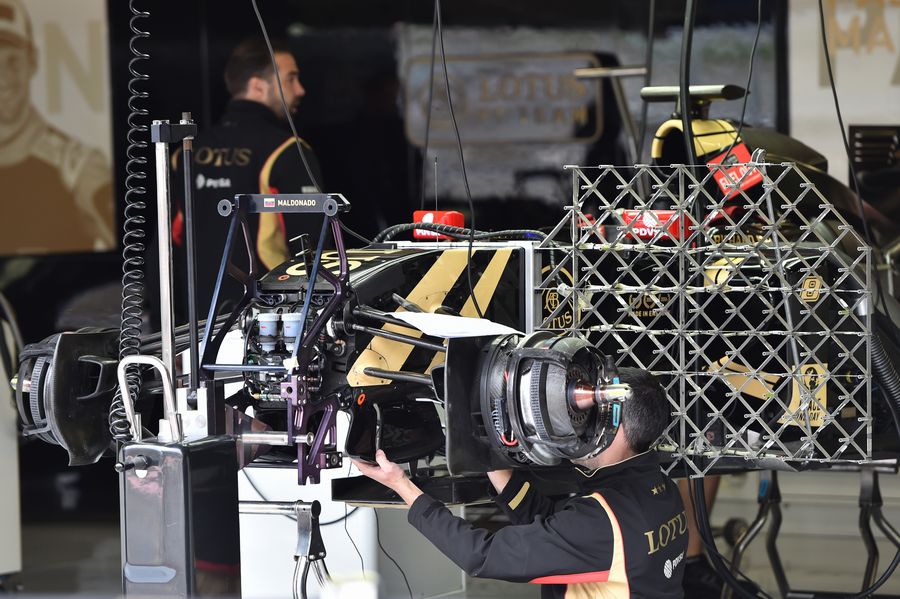 Lotus E23 with aero sesnors in the garage