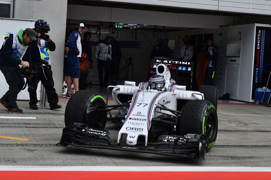 Valtteri Bottas leaves the garage in the Williams