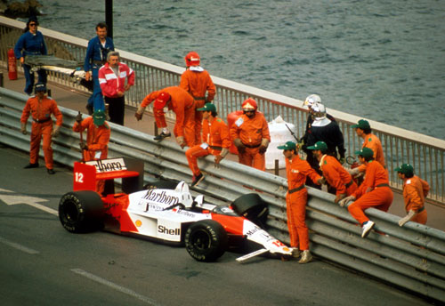 Ayrton Senna's car in the barriers at Portier