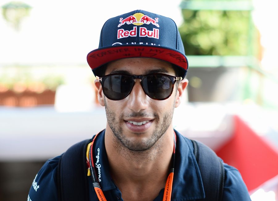 Daniel Ricciardo sports a hat with a handwritten message to Jules Bianchi