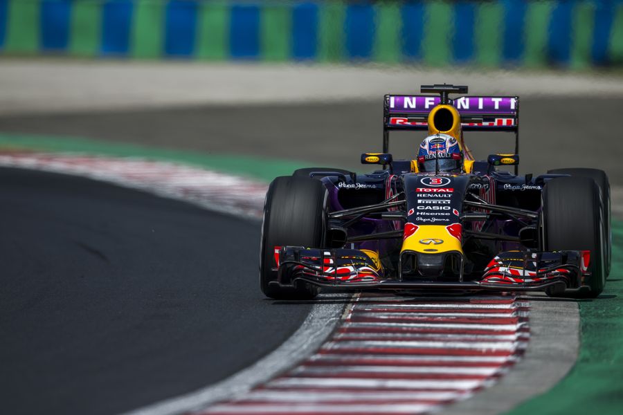 Daniel Ricciardo rides the kerb in his Red Bull