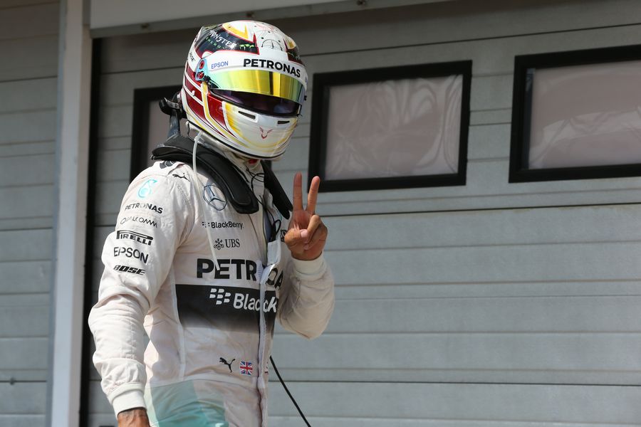 Lewis Hamilton celebrates his pole in Hungaroring