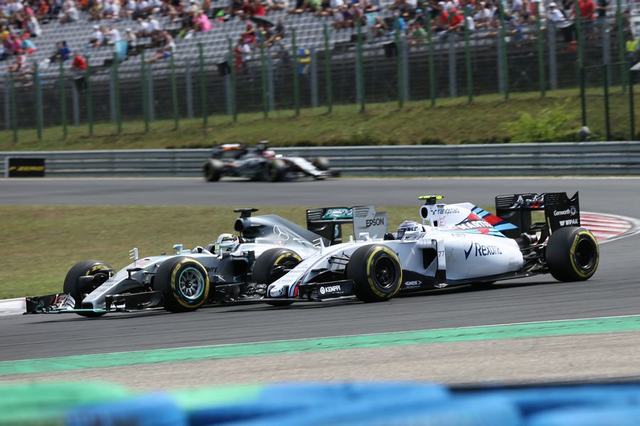 Valtteri Bottas and Lewis Hamilton battle for a position