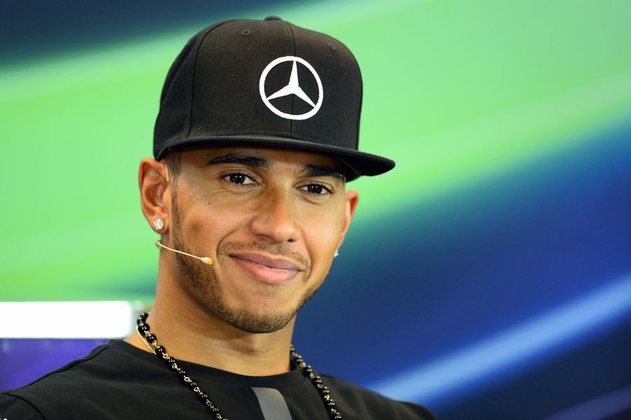 A smiling Lewis Hamilton during the press conference