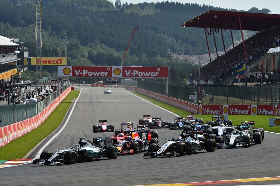 Lewis Hamilton leads the field at the race start