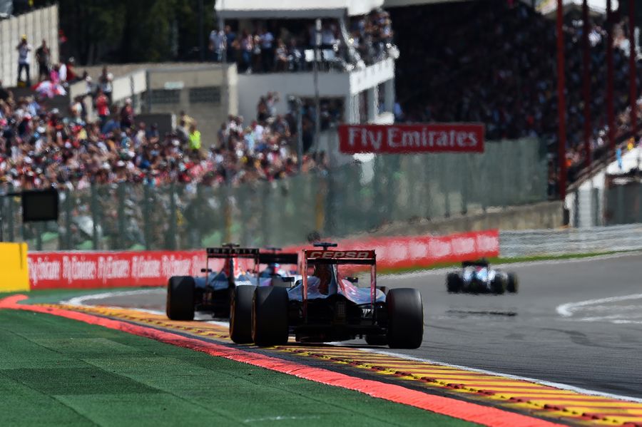 Max Verstappen chases Felipe Massa and Daniil Kvyat