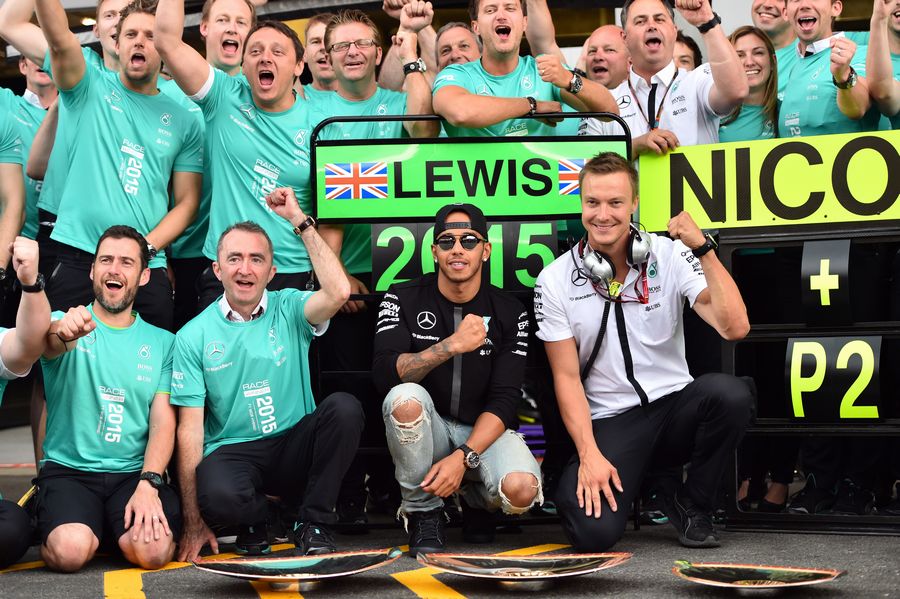 Mercedes celebrates Lewis Hamilton's win and Nico Rosberg's second