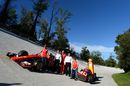 Ferrari members pose with Ferrari 166 F2 on the Monza banking