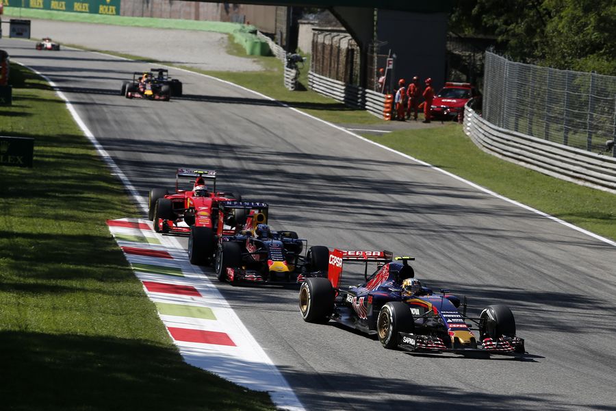 Carlos Sainz leads Daniel Ricciardo and Kimi Raikkonen