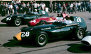 Tony Brooks and Stewart Lewis-Evans in the Vanwalls with Mike Hawthorn's Ferrari 246/F1 between them 