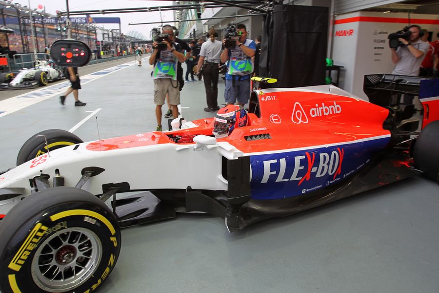 Alexander Rossi pulls out of the Manor Marussia garage