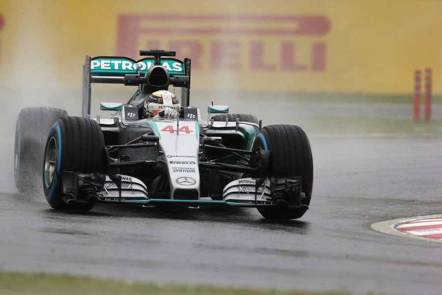 Lewis Hamilton guides his Mercedes towards the apex