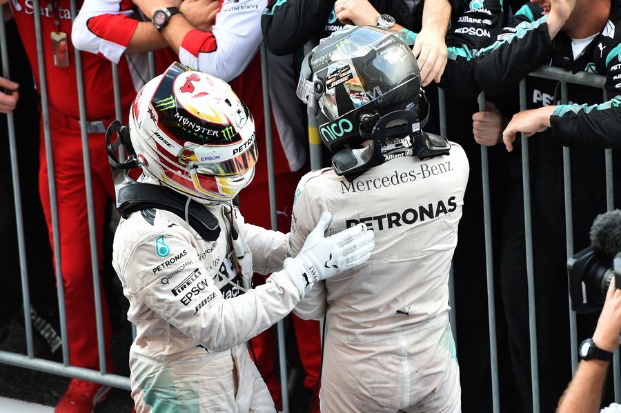 Lewis Hamilton and Nico Rosberg celebrate Mercedes's one-two