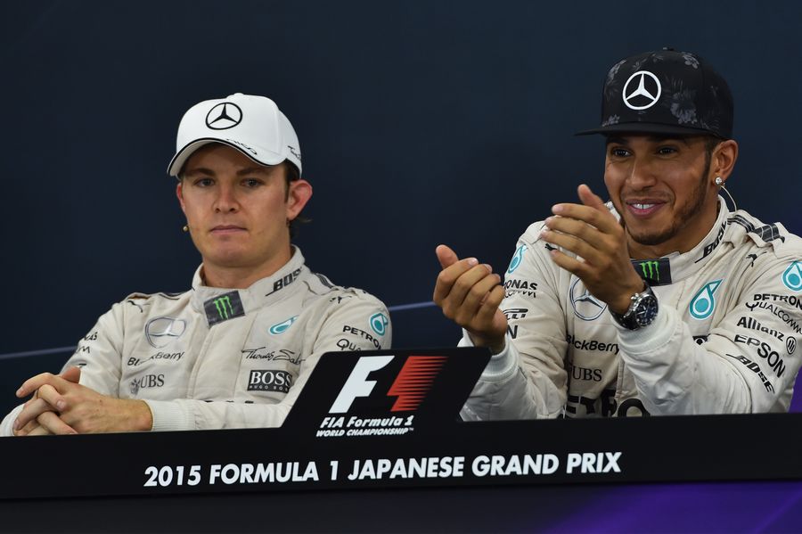 Lewis Hamilton and Nico Rosberg in the press conference after the race