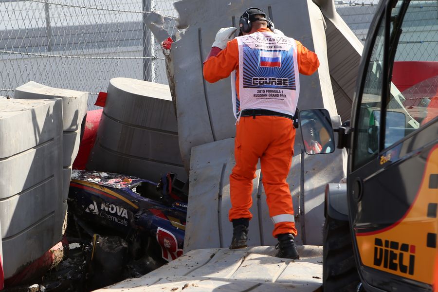 The crashed car of Carlos Sainz