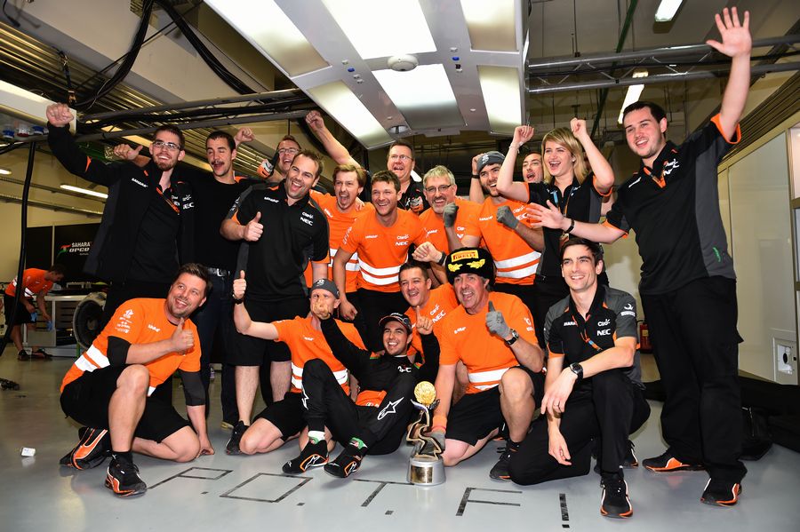 Force India celebrates Sergio Perez for his third place