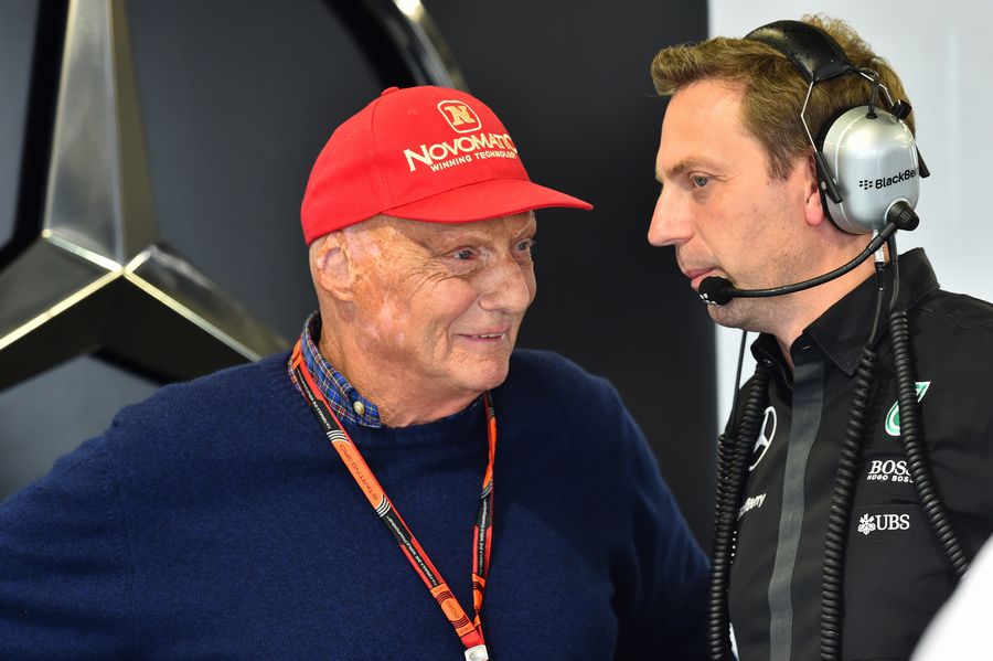 Niki Lauda and Matt Deane in the Mercedes garage