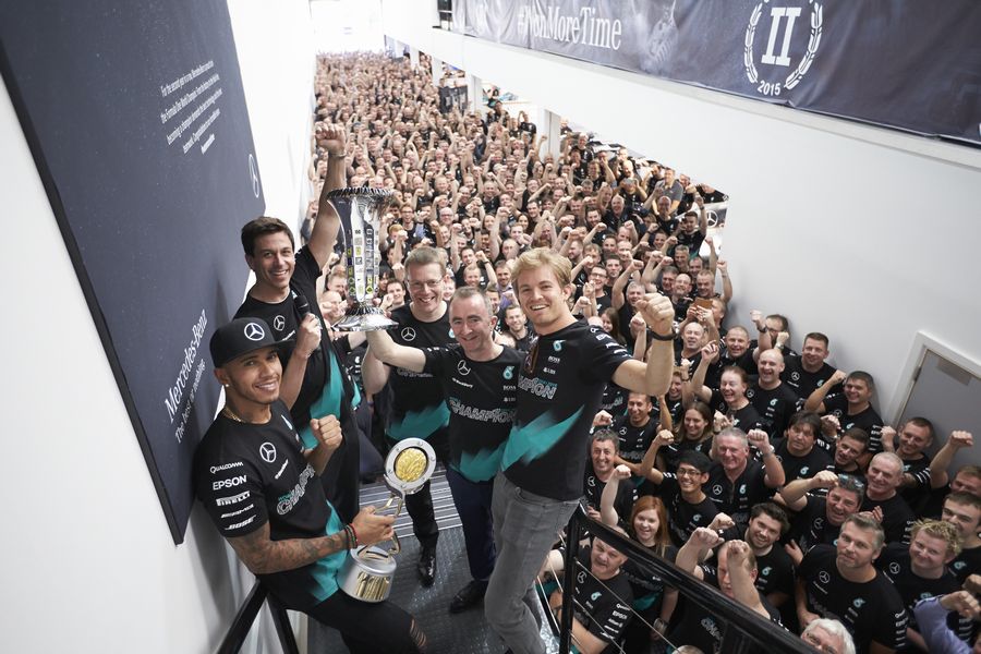 Lewis Hamilton and Nico Rosberg join Mercedes constructors' title celebrations