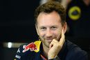 Christian Horner talks to media during the press conference
