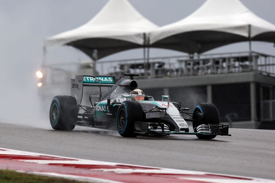 Lewis Hamilton on wet tyre in heavy rain