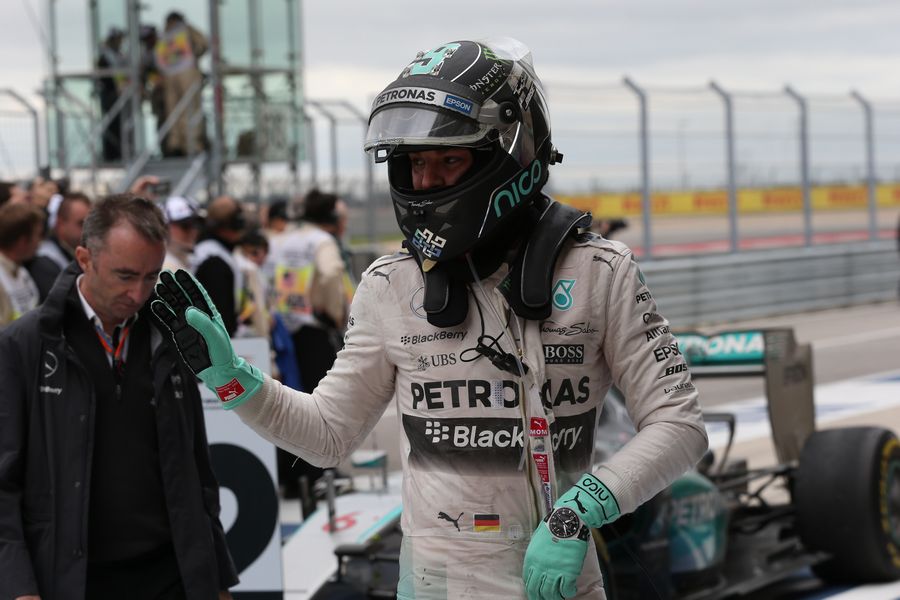 Nico Rosberg returns to parc ferme after finishing the second