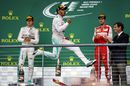 A delighted Lewis Hamilton jumps for joy
