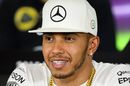 Lewis Hamilton talks to media during the press conference on Thursday