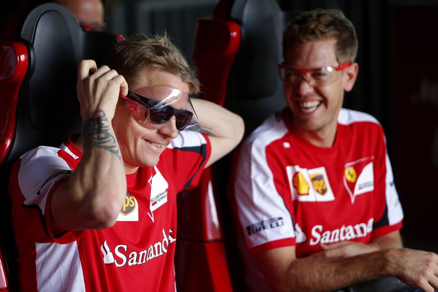 Kimi Raikkonen and Sebastian Vettel on the roller coaster at Ferrari World