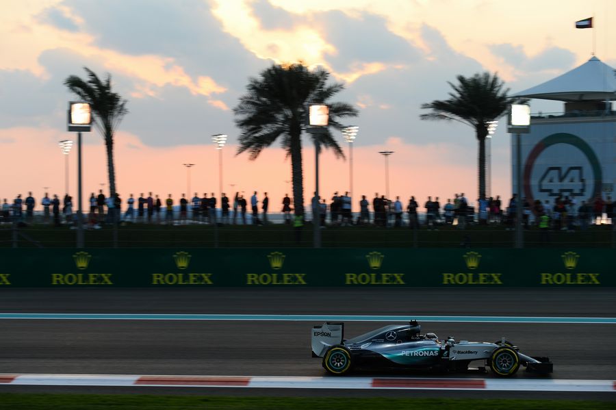 Lewis Hamilton on track during the sunset