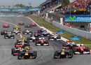 The Red Bulls lead the field at the start of the Spanish Grand Prix