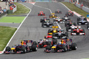 Mark Webber leads Sebastian Vettel at the start of the Spanish Grand Prix