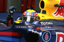Mark Webber celebrates winning the Spanish Grand Prix