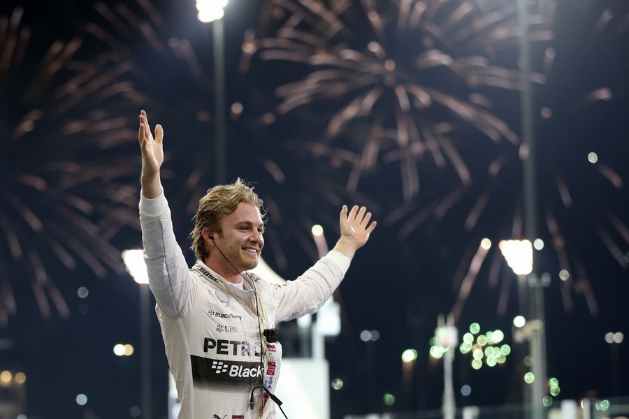 Nico Rosberg celebrates his win at the final race of the season