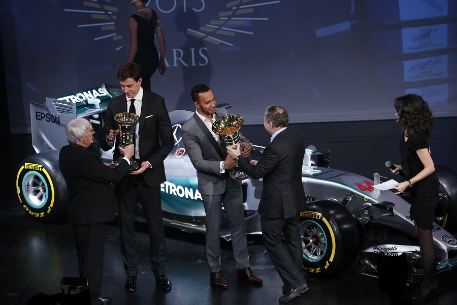 Lewis Hamilton and Mercedes picked up their championship trophies