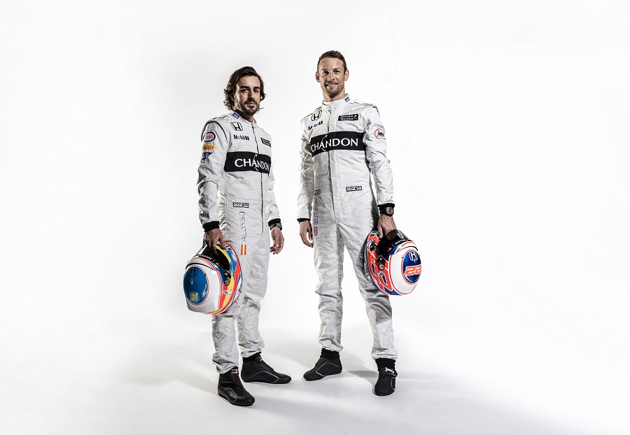 Fernando Alonso and Jenson Button pose for an official shot