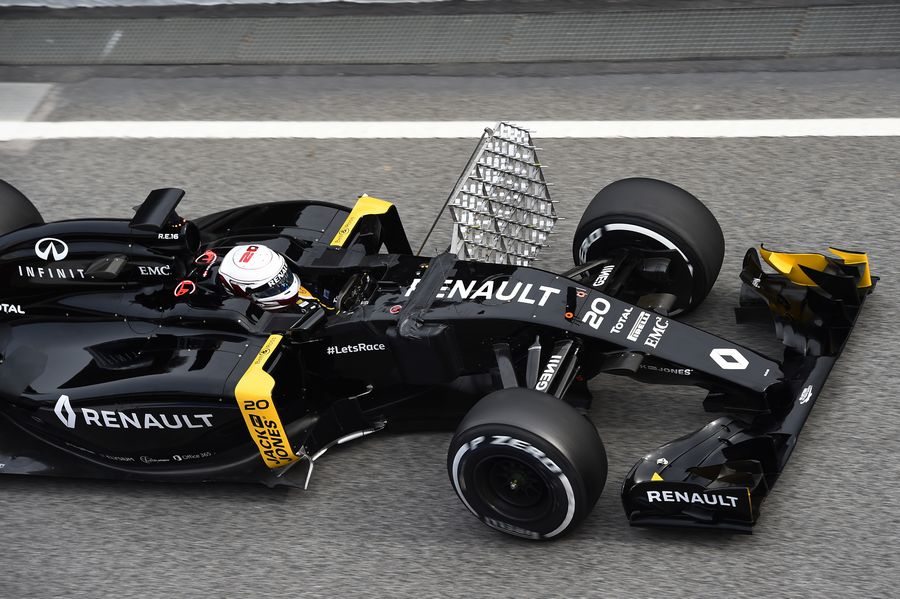 Kevin Magnussen on track in the Reanult RS16 with aero sensors