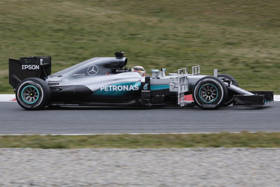 Lewis Hamilton on track in the W07 with aero sensors