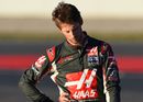 Romain Grosjean with a disappointed look after stopping on track
