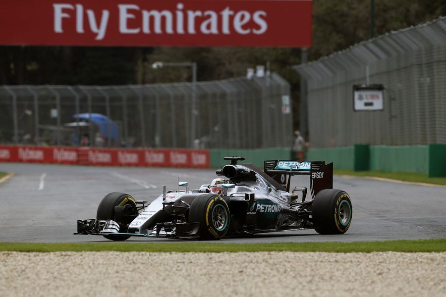 Lewis Hamilton at speed in the Mercedes with soft tyres
