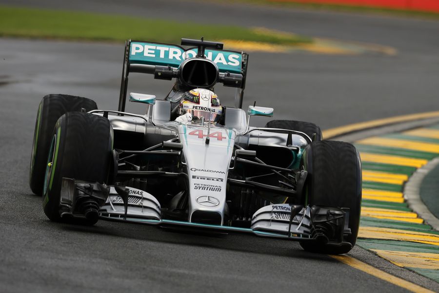 Lewis Hamilton on track in the Mercedes with intermediate tyres