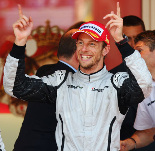 Jenson Button celebrates winning the 2009 Monaco Grand Prix