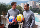 Jenson Button and Lewis Hamilton with their Steinmetz diamond encrusted helmets for Monaco