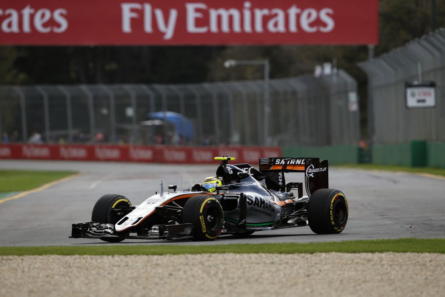 Sergio Perez on track in the VJM09 with soft tyres