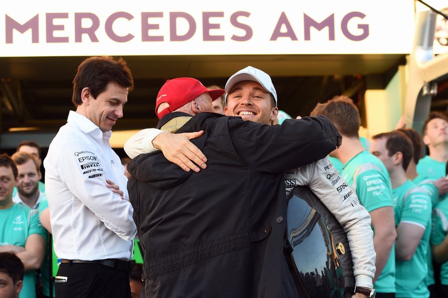 Toto Wolff and Niki Lauda celebrate with Nico Rosberg
