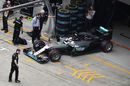 Lewis Hamilton leaves the pit for his qualifying run