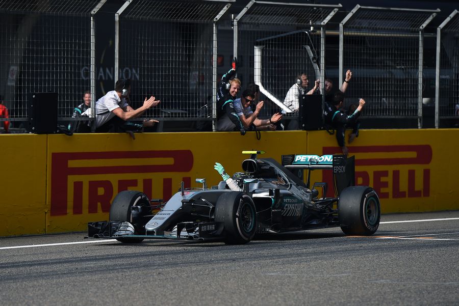 Nico Rosberg crosses the line for his win