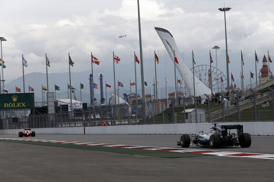 Lewis Hamilton guides his Mercedes through a corner