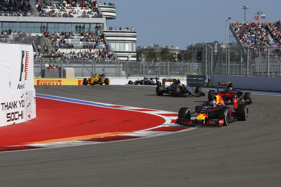 Daniel Ricciardo leads Sergio Perez