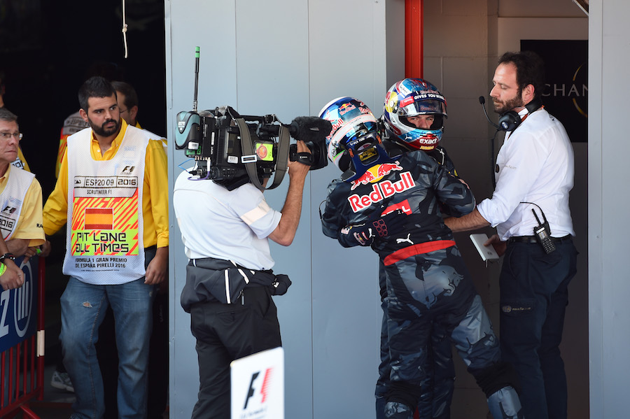 Daniel Ricciardo celebrates Max Verstappen celebrates in parc ferme