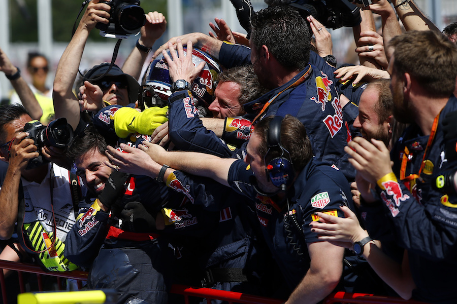 Max Verstappen celebrates with the team in parc ferme